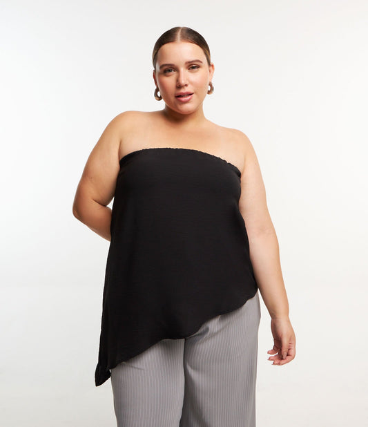 Camicetta in crepe senza spalline con orlo asimmetrico, Curve & Plus Size, nero