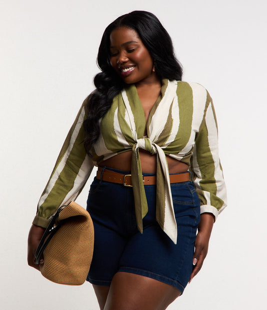 Blusa listrada com corte em linho, Curve & Plus Size, Verde/Bege