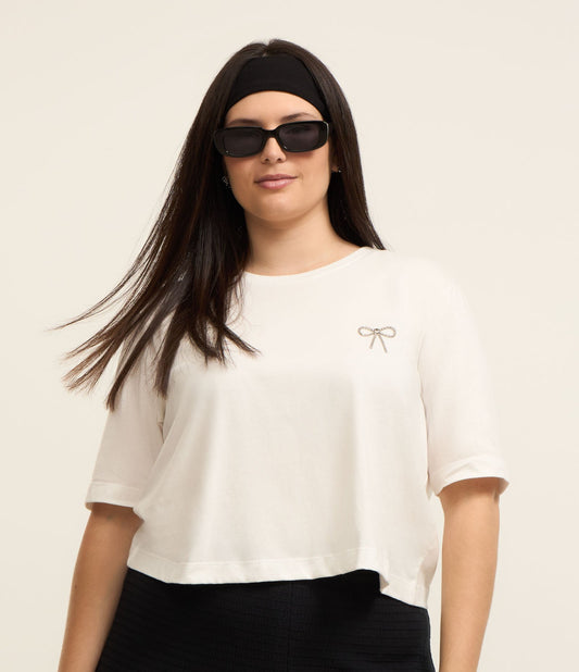 Camicetta in cotone bianco con fiocco di strass, taglie forti e taglie forti