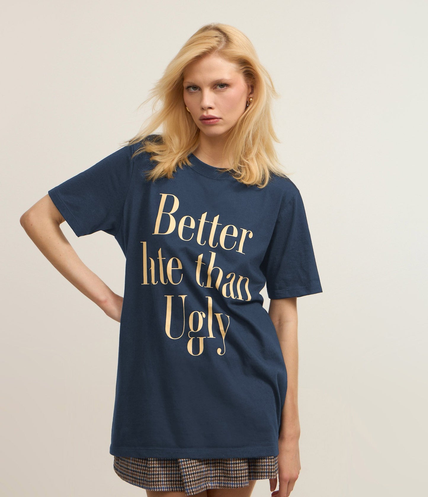 Dark Blue Cotton T-Shirt with "Better Late Than Ugly" Print