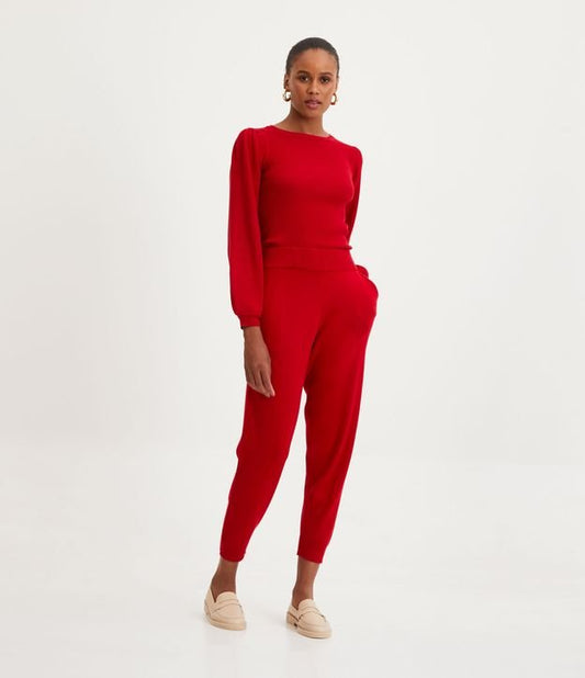 Calça Jogger de malha vermelha com cós largo e bolsos frontais