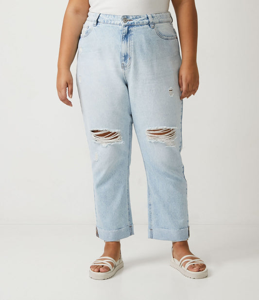 Jeans a gamba dritta con dettagli invecchiati e orlo ammanettato, Curve e taglie forti, blu