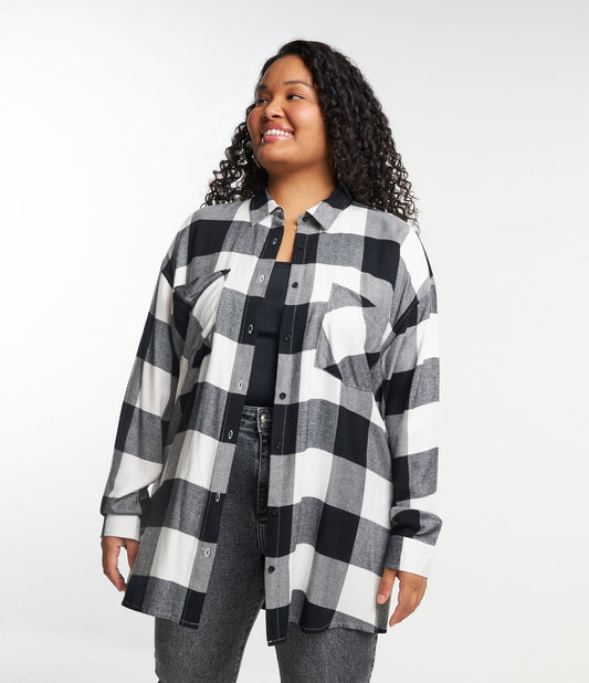 Camicia di flanella a quadri con tasche, taglie forti e taglie forti, bianco/nero