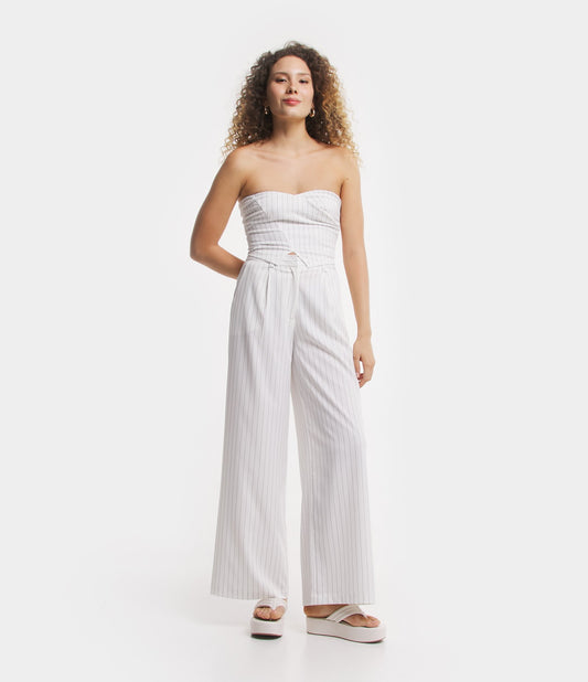 Calça de crepe de perna larga com pregas e listras off-white