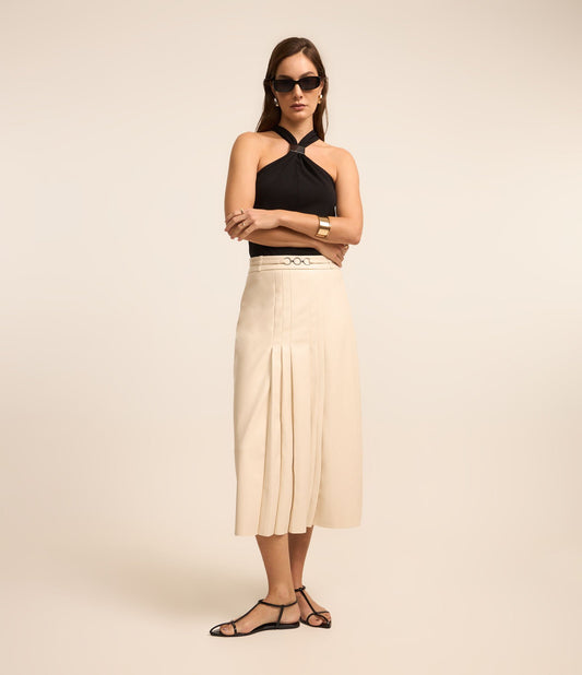 Saia Midi PU Off-White com fivela na cintura e zíper nas costas