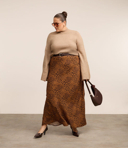 Gonna lunga in viscosa con stampa leopardata in marrone - Curve e taglie forti