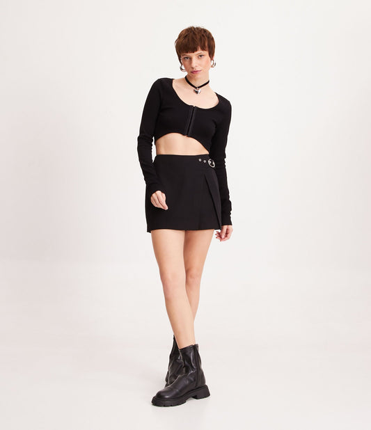Mini-saia de viscose sob medida com fivela em preto