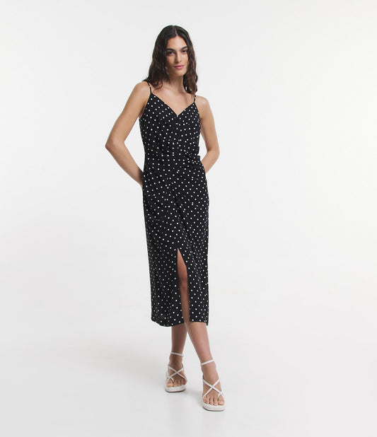 Vestito midi a pois nero in viscosa con drappeggio laterale