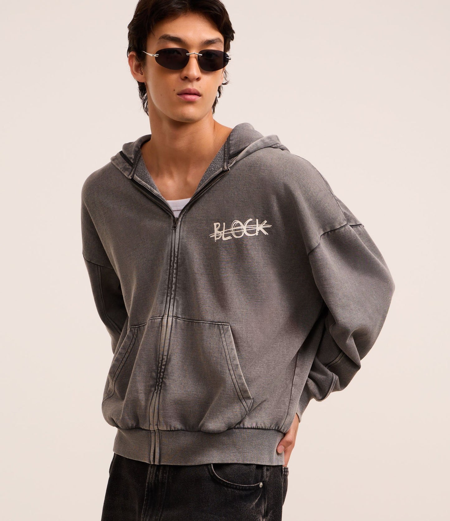 Boxy Sweatshirt with Fleece, Localized Print, and Washed Jet Black Effect