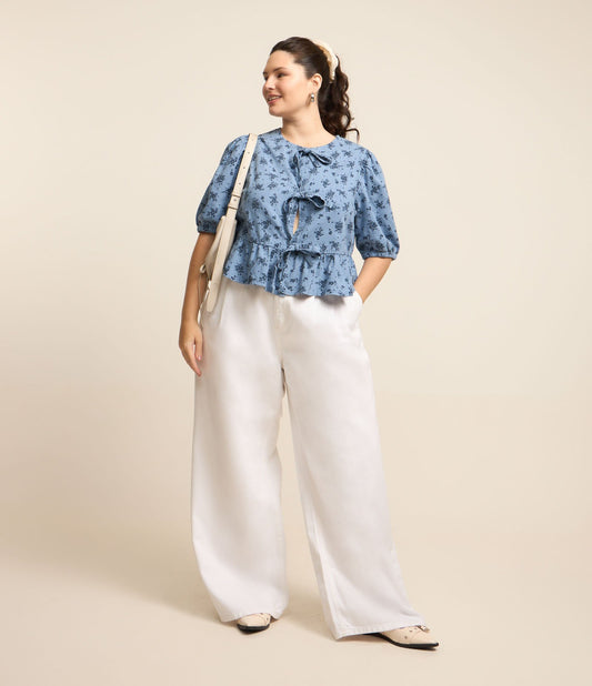 Pantaloni bianchi a gamba larga in twill con pieghe - Curve e taglie forti