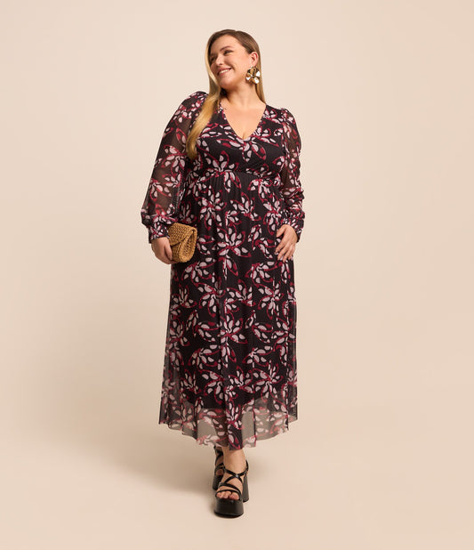 Vestito midi in tulle con stampa a foglie nere - Curve e taglie forti