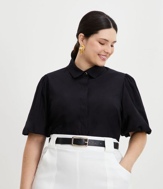 Camicia tricolore nera con maniche a palloncino - Curve e taglie forti
