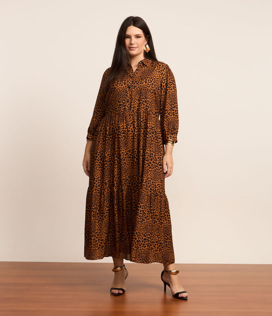 Vestido midi com estampa animal e babados, Curve & Plus Size, marrom