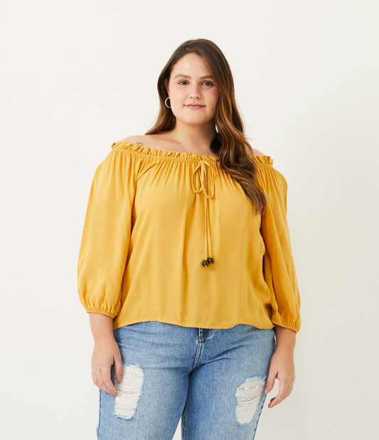 Camicetta con maniche a 3/4 e scollo a cravatta, Curve e taglie forti, giallo