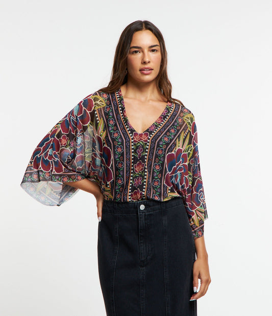 Body con maniche a 3/4 in tulle con stampa floreale tropicale multicolore