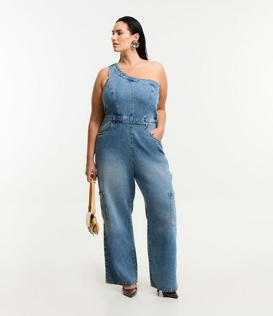 Tuta lunga in denim con monospalla, Curve e taglie forti, blu