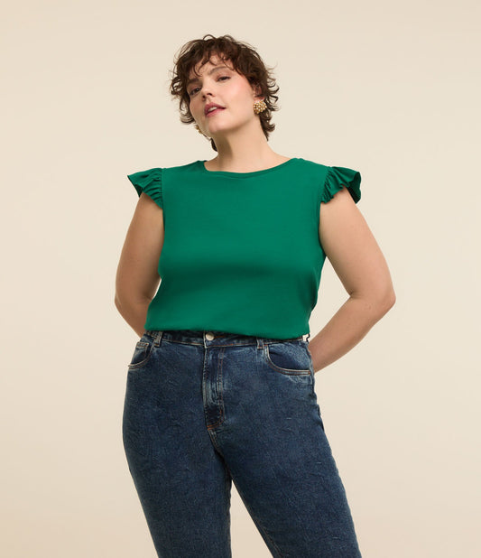Camicetta verde in cotone con maniche arricciate - Curve e taglie forti