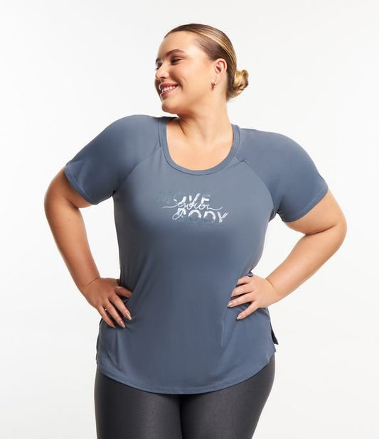 Camiseta esportiva de poliamida com estampa "Move Your Body", Curve & Plus Size, cinza azulado