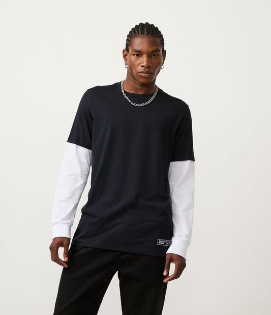 Black Cotton T-Shirt with Layered Sleeves