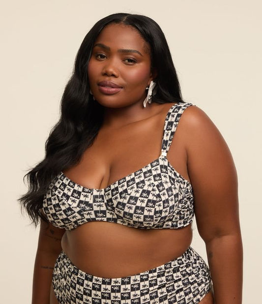 Top bikini a mezza coppa con stampa di palme Curve e taglie forti Nero/Bianco