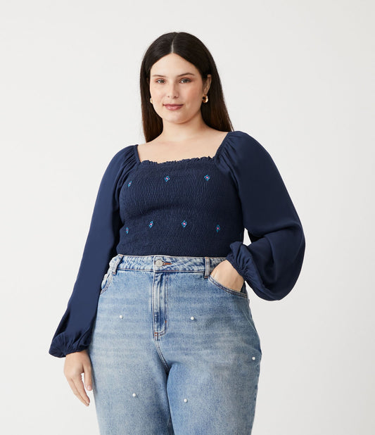 Blusa de viscose com triângulos bordados e cintura franzida, Curve & Plus Size, azul