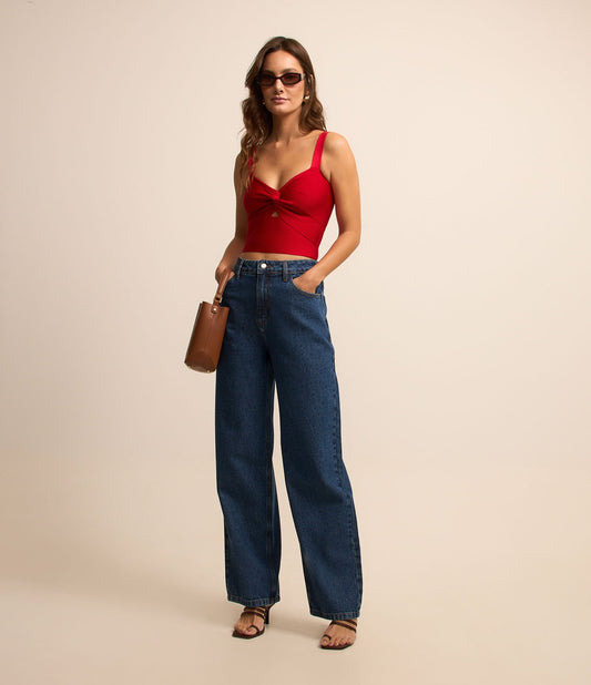 Jeans de perna reta com aplicação de brilhos em azul