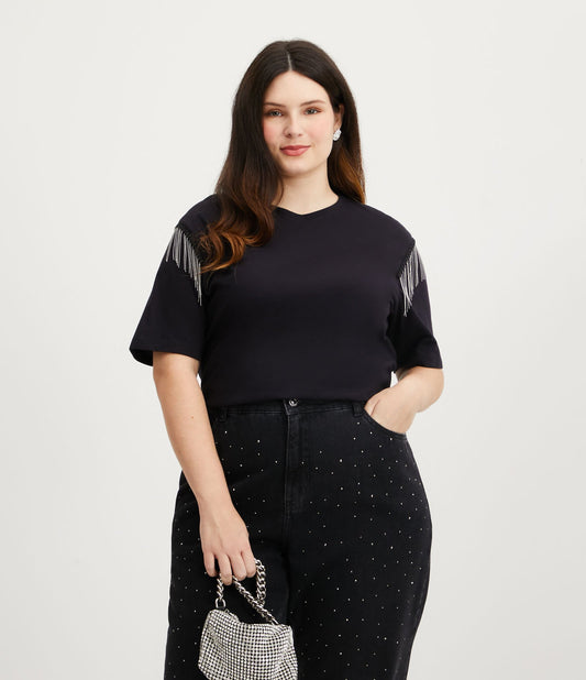 Camicetta in cotone nero con frange metalliche - Curve e taglie forti