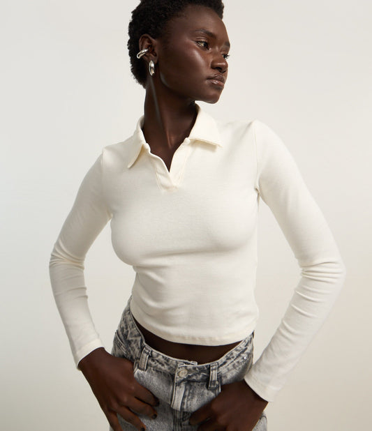 White Long Sleeve Cotton Ribbed Polo Shirt