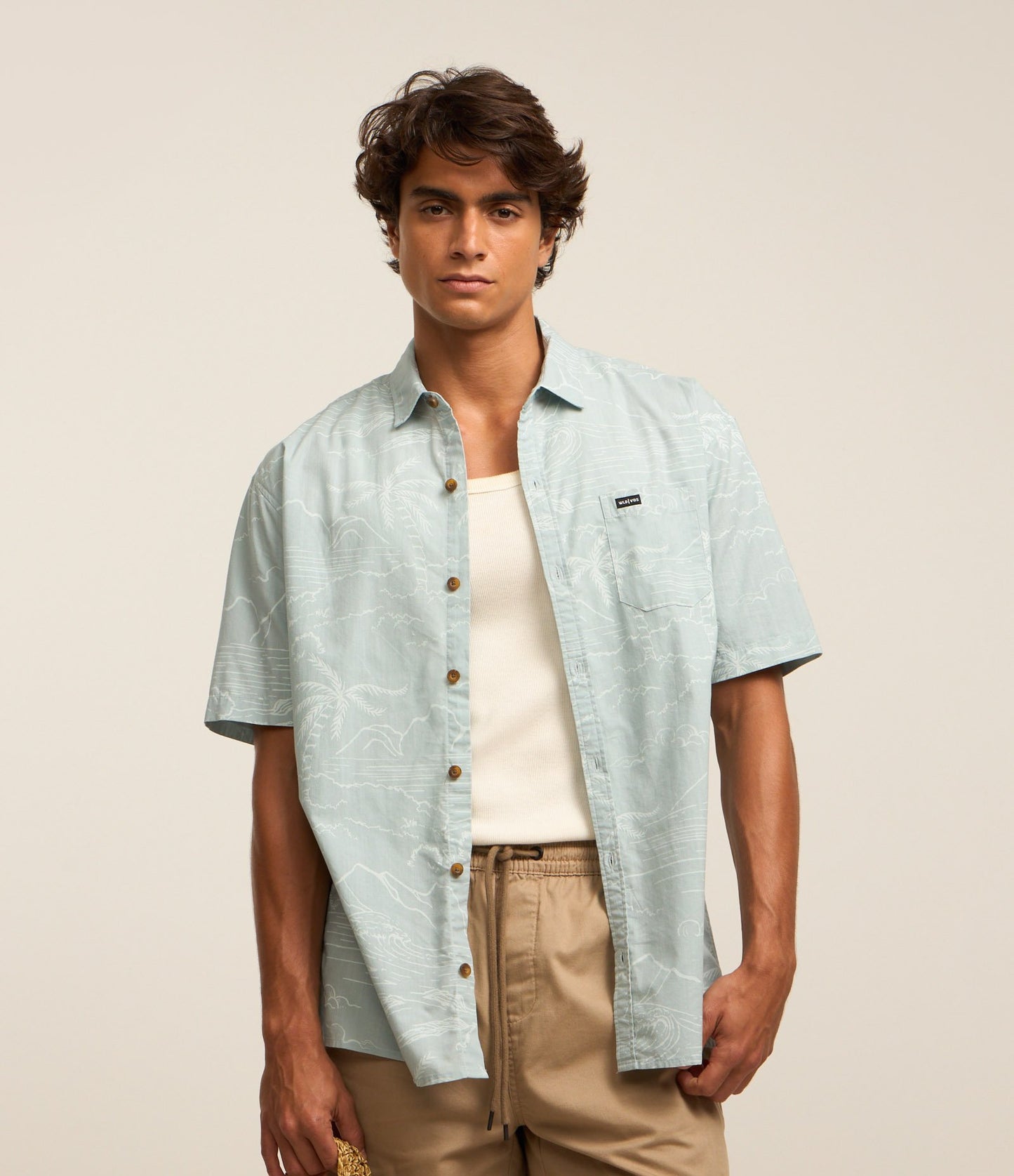 Camicia rilassata in cotone con stampa paesaggio e tasca blu