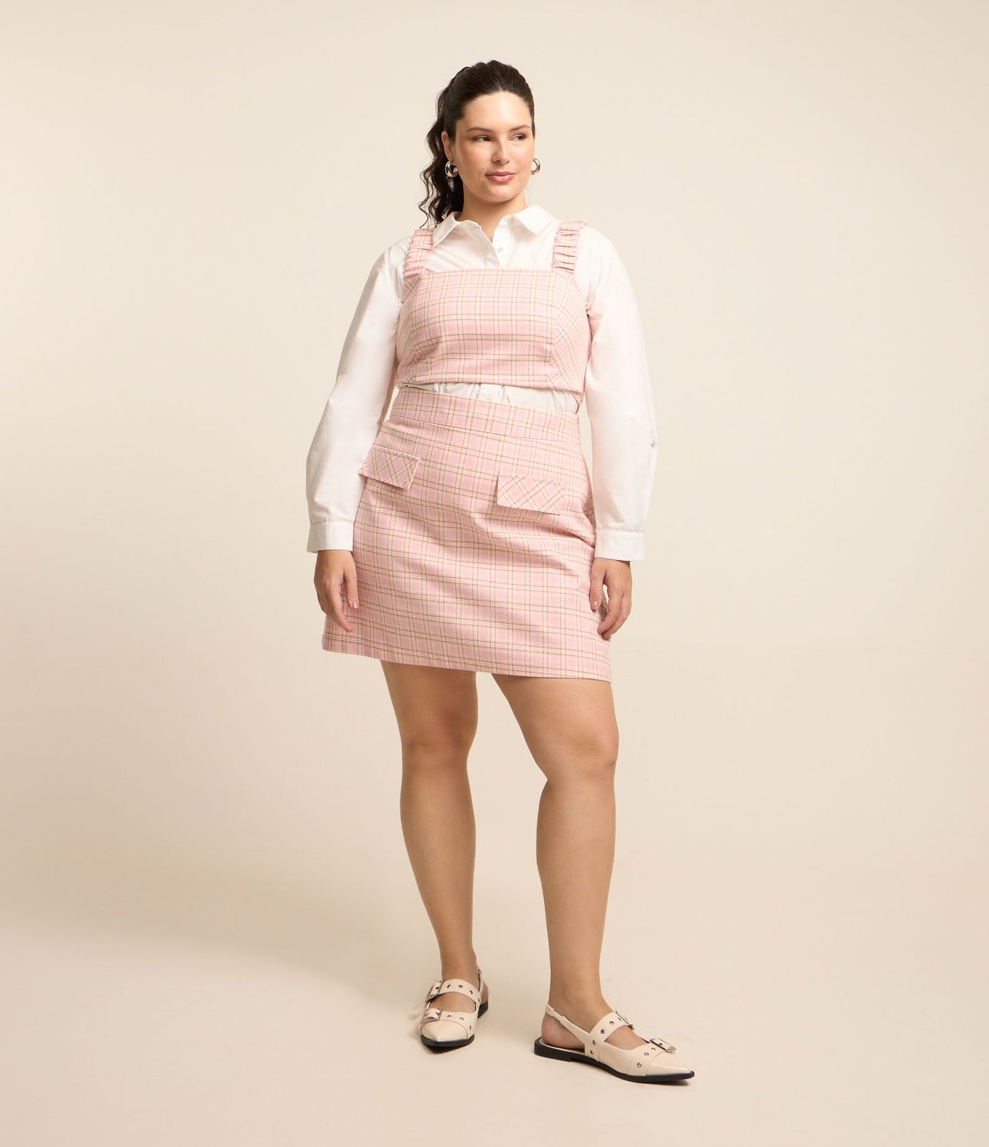 Gonna corta in tweed a quadri rosa - Curve e taglie forti