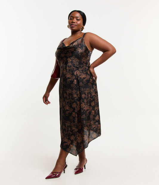 Vestido midi de satén con estampado de lunares y escote drapeado, Curvas y tallas grandes, Negro