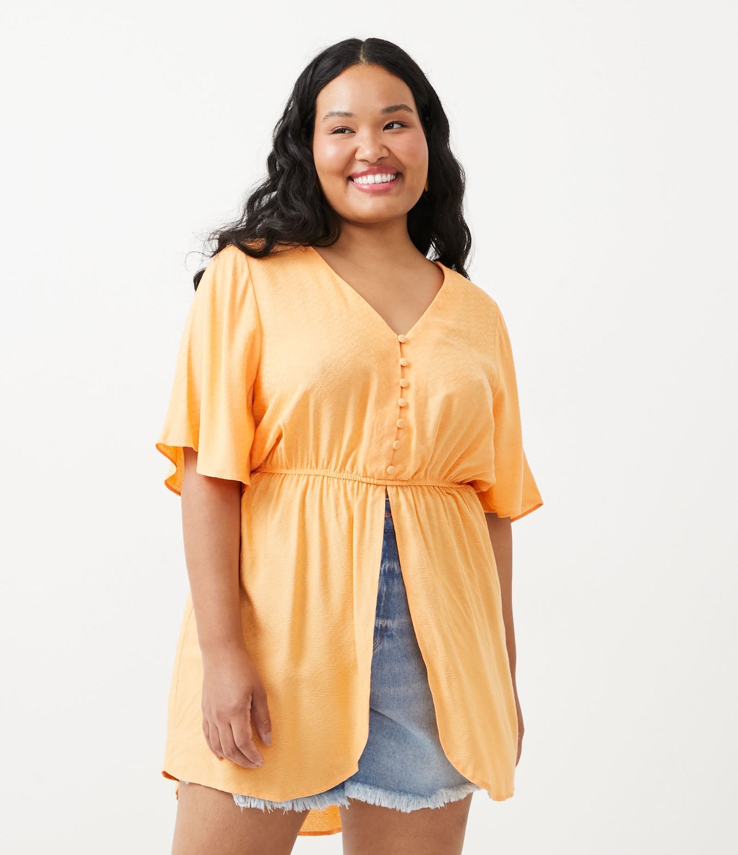 Blusa longa de viscose com botões, Curve & Plus Size, laranja