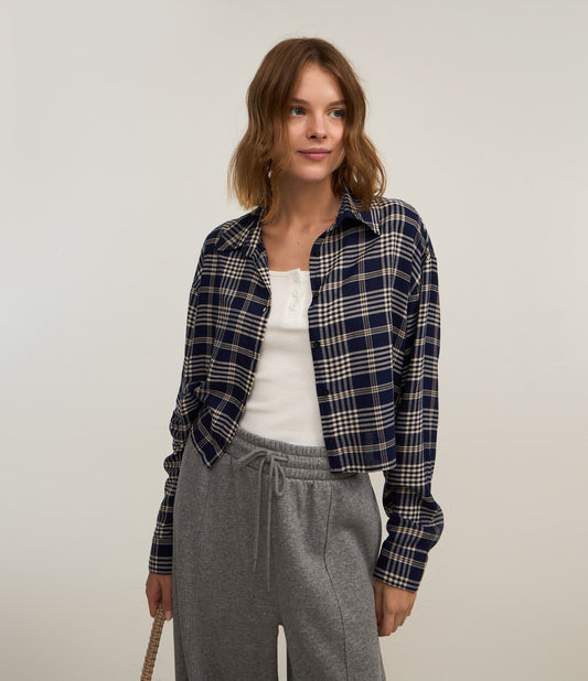 Blue Plaid Print Cropped Chalis Shirt