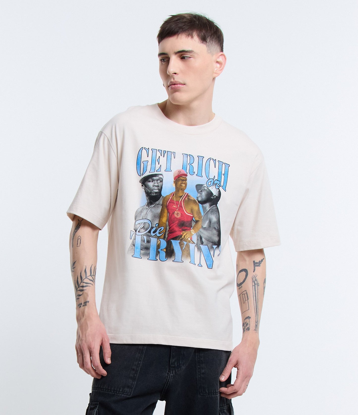 Boxy Cotton T-Shirt with 50 Cent Print in White