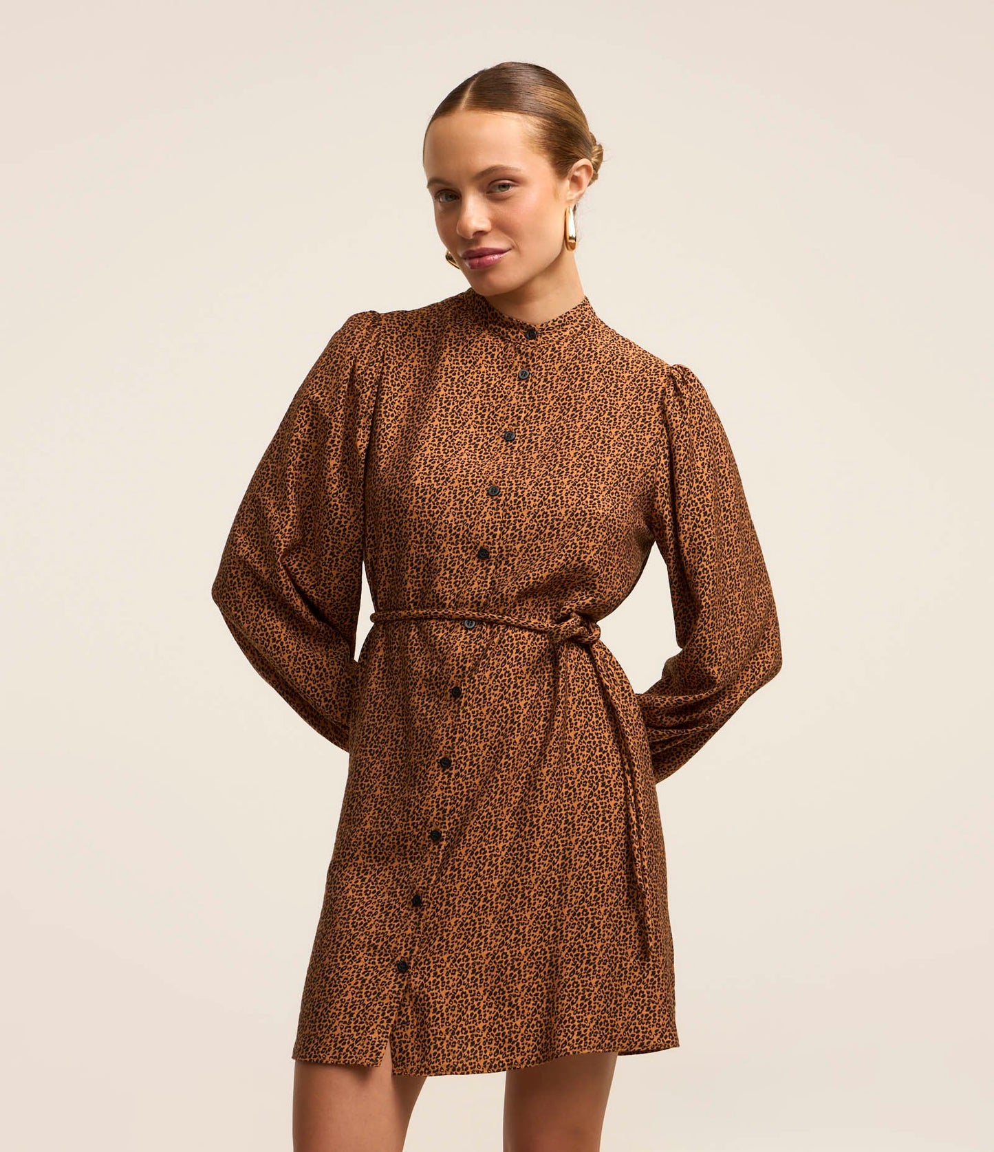 Abito in twill a maniche lunghe con bottoni e cintura fissa con stampa animalier marrone