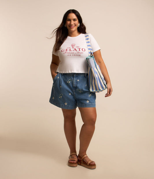 Pantaloncini di jeans blu plus size con fiori ricamati