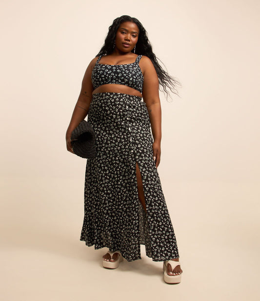 Gonna lunga floreale in viscosa Liberty, Curve e taglie forti, nero
