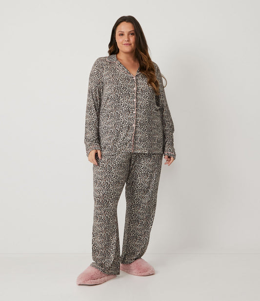 Pantaloni del pigiama American in Viscolycra con stampa animale leopardata, taglie forti e taglie forti, nero