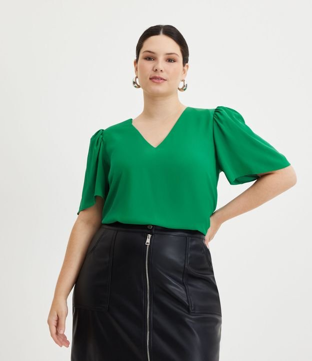 Camicetta basic in crepe con maniche a sbuffo, Curve e taglie forti, verde