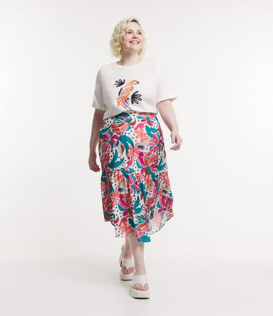 Falda Midi de Viscosa con Estampado Tropical - Curvas y Tallas Grandes, Multicolor
