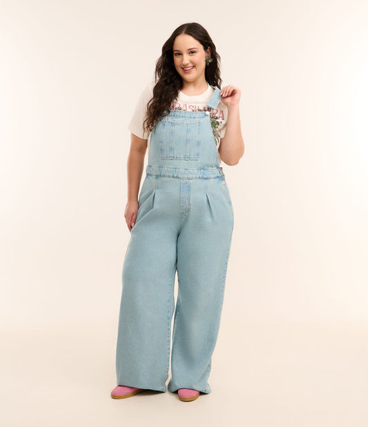 Mono vaquero con pliegues, Curvas y tallas grandes, Azul claro