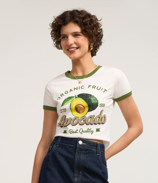 Camicetta in cotone Baby Look con stampa e dettagli in avocado bianco