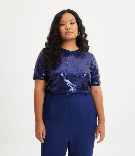 Camicetta blu in maglia con paillettes e maniche corte - Curve e taglie forti