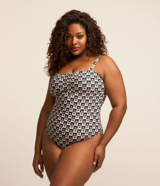 Costume da bagno in microfibra con stampa di palme a scacchi, taglie forti e curvy, nero/bianco