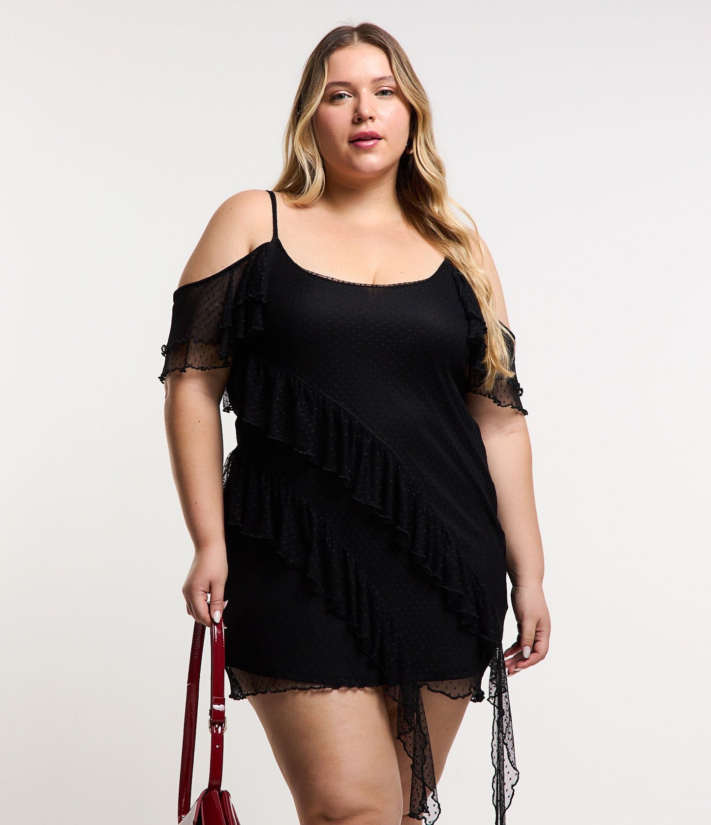 Vestito corto nero in tulle a pois con volant - Curve e taglie forti