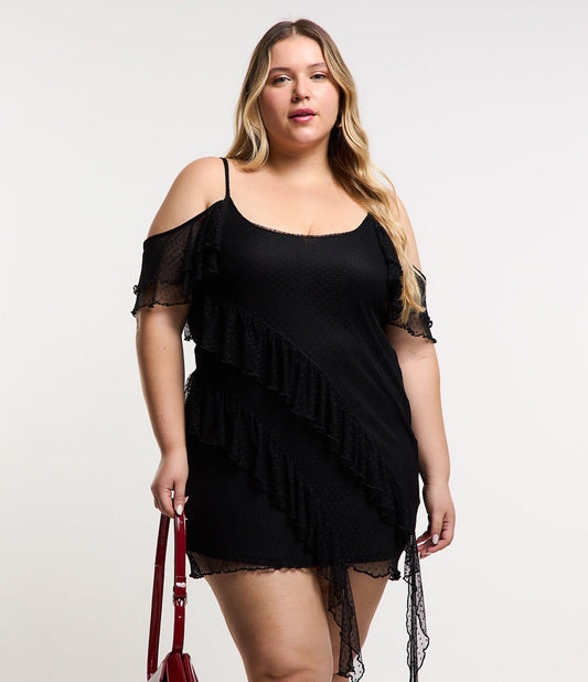 Vestito corto nero in tulle a pois con volant - Curve e taglie forti