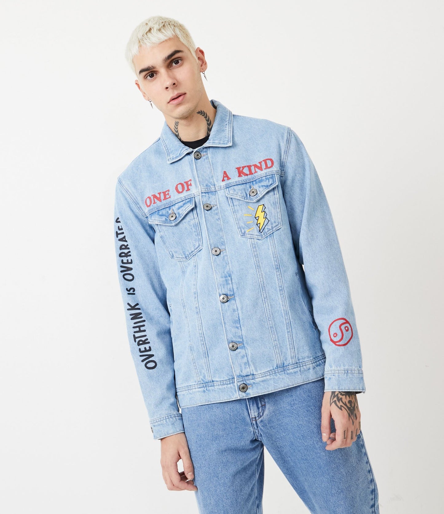 Blue Printed Denim Trucker Jacket