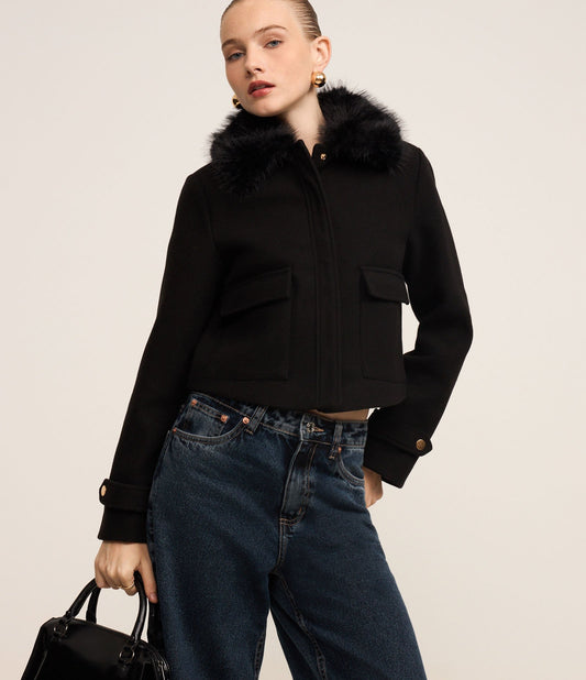Black Polyvelour Coat with Faux Fur Collar and Cargo Pockets