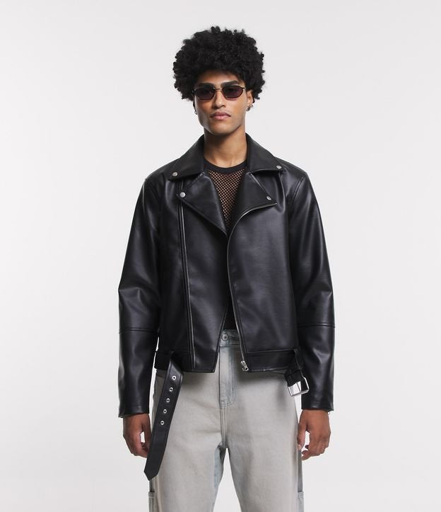 Giacca biker in PU nera con dettaglio fibbie