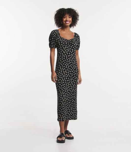 Vestito midi nero floreale a coste con scollo increspato
